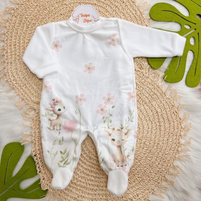 Macacão em Soft Girafinhas com Flores Rosas - Off White